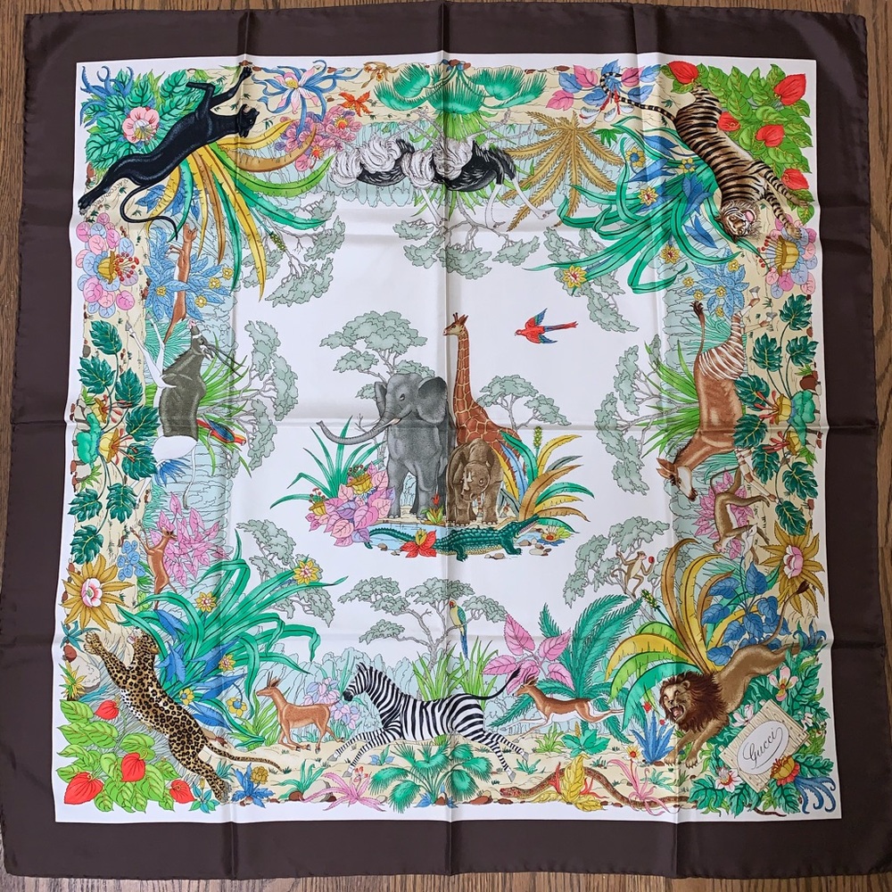 Gucci Vintage Jungle Print 100% Silk Scarf